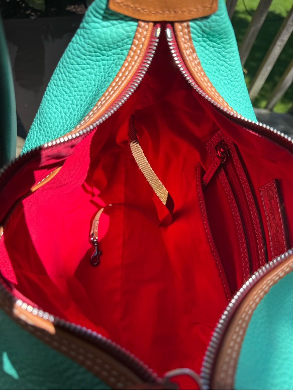 Dooney & Bourke Turquoise Pebbled Leather Shoulder Hobo bag w/ Tan Trim Tassel - Picture 9 of 16